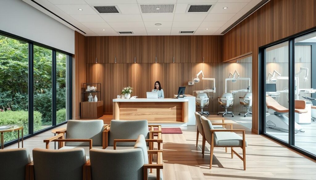 A modern, well-lit dental clinic with a reception area featuring minimalist wooden furnishings and large windows overlooking a verdant garden. In the foreground, a row of comfortable chairs where patients wait, while the middle ground showcases a reception desk staffed by a friendly receptionist. In the background, several private treatment rooms with state-of-the-art dental equipment, conveying a sense of professionalism and cutting-edge care. The overall atmosphere is serene and welcoming, reflecting the clinic's commitment to patient comfort and exceptional oral health services.