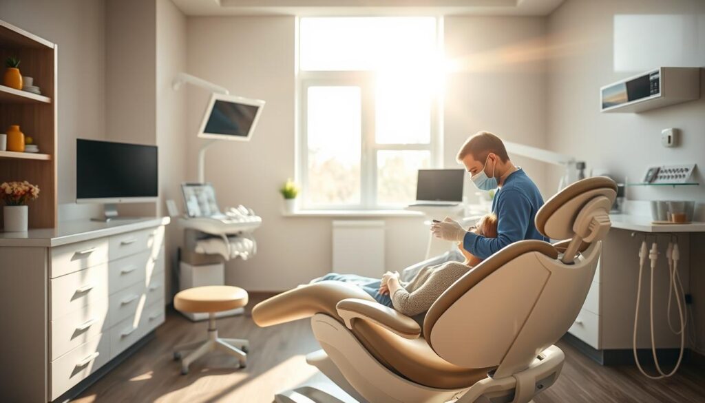A serene dental clinic interior with natural light pouring in from large windows, bathing the scene in a warm, inviting glow. In the foreground, a patient reclines comfortably in a modern, ergonomic dental chair, as a skilled dentist performs a restorative procedure, their hands deftly wielding precision instruments. The background features state-of-the-art equipment and technologies, conveying a sense of advanced, holistic oral care. The atmosphere exudes professionalism, comfort, and a deep commitment to the patient's overall wellbeing. Subtle, earthy tones and clean, minimalist design elements create a calming, wellness-focused ambiance.
