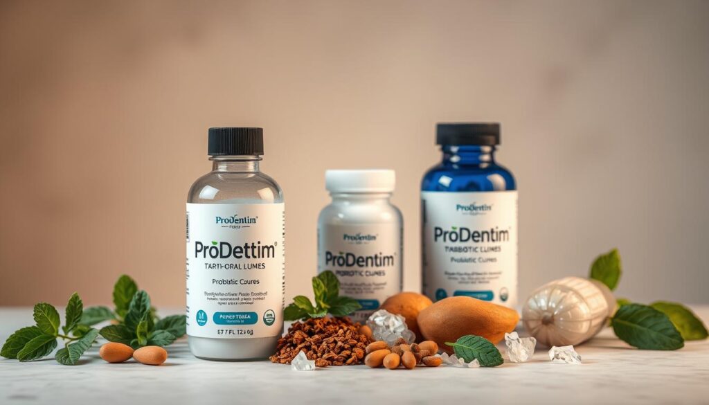 A well-lit and meticulously detailed still life composition showcasing the ProDentim oral care product line. In the foreground, the ProDentim bottle and supplement containers are prominently displayed, their sleek and modern design accentuated by warm, directional lighting. The middle ground features an array of natural ingredients commonly found in the ProDentim formula, such as peppermint leaves, probiotic cultures, and xylitol crystals, arranged in a visually appealing manner. The background is a soft, blurred backdrop that suggests a serene, professional setting, allowing the products to be the focal point. The overall mood is one of clinical precision, scientific rigor, and a dedication to optimal dental health.