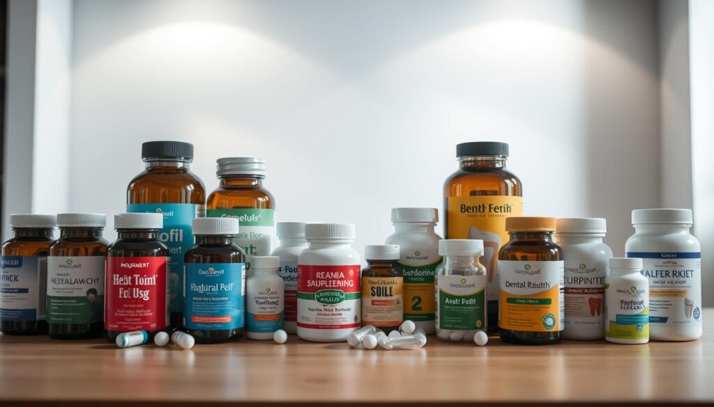 A well-lit tabletop scene with an arrangement of various dental health supplement bottles and containers in the foreground. The supplements are displayed in an organized manner, allowing for clear comparison. The middle ground features a clean, minimalist background, emphasizing the products. Subtle lighting from above casts soft shadows, highlighting the textures and shapes of the containers. The overall atmosphere is professional, informative, and inviting, conveying the serious nature of dental care while maintaining visual appeal. The image should capture the essence of a considered, side-by-side comparison of dental health supplements.
