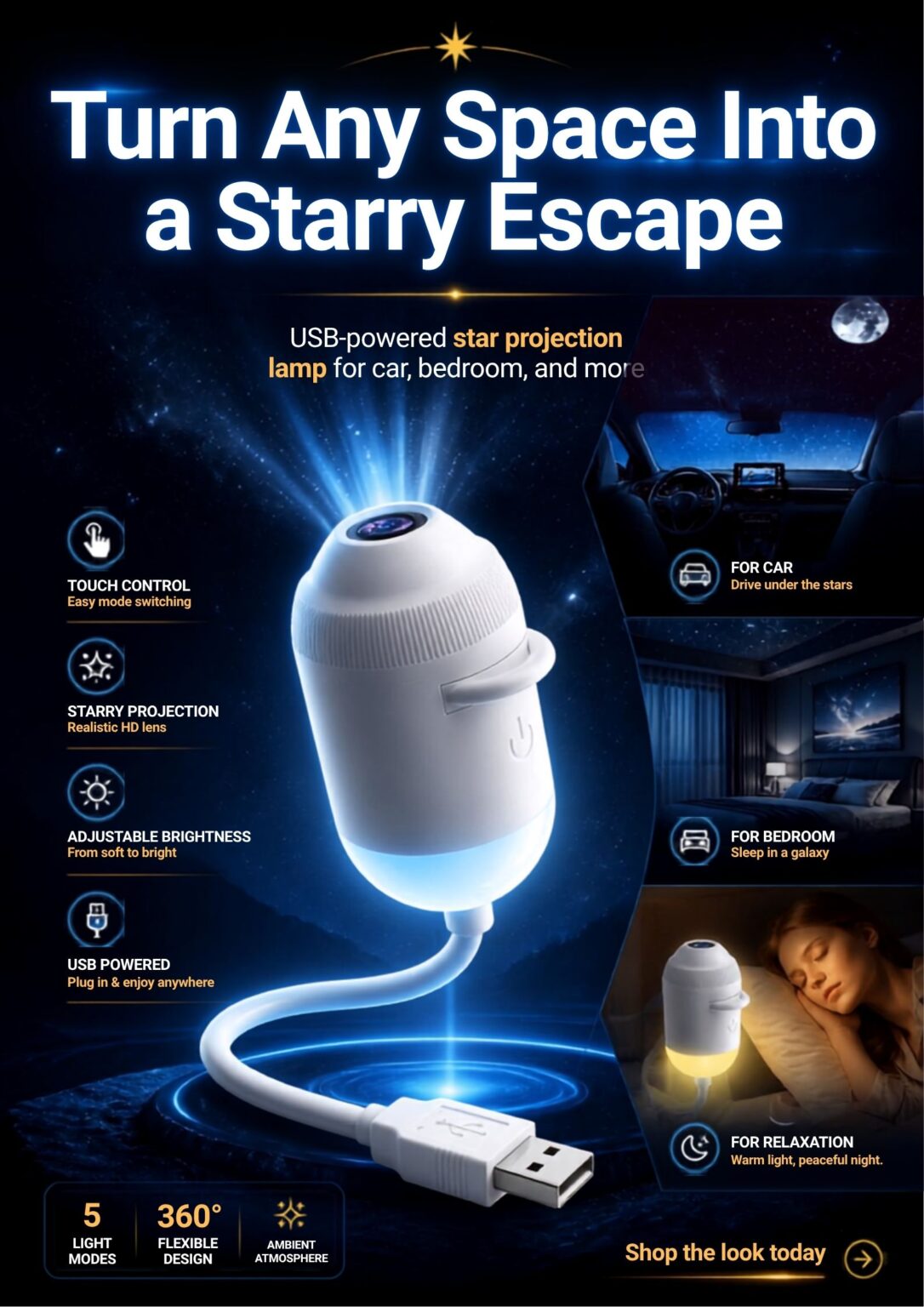 Starry Night Light Projector – Bedroom Ambiance Galaxy Star Projection Lamp for Romantic Ceiling Decor Intriguing Marketing Poster