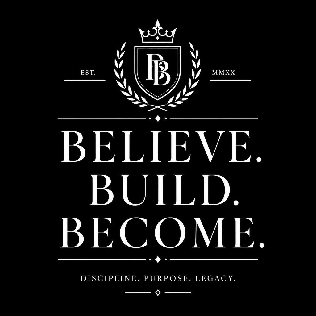 gpt image 2 Premium monochrome T‑shirt design with the quote ‘BELIEVE. BUILD. BECOME. 1