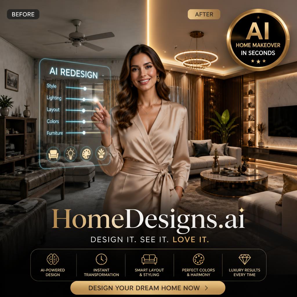 Interior Designs Trends: gpt image 2 Create a cinematic ultra professional marketing image for HomeDesigns.ai . Show a 2
